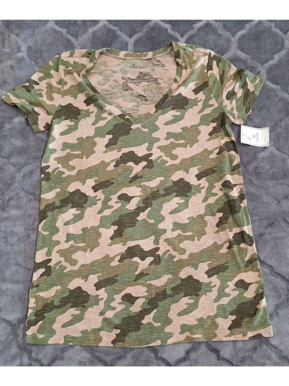 NEW Susina Camo Short-Sleeve V-Neck Modal-Cotton Shirt/Sz. S